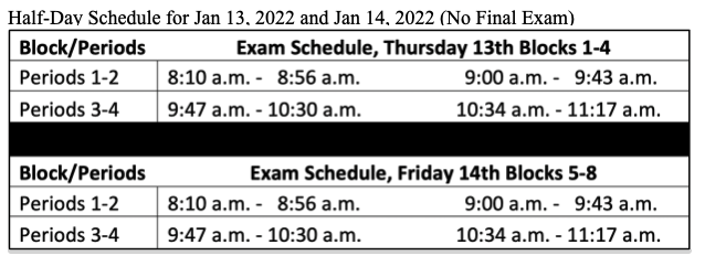 Half-Day Schedule for Jan 13th and 14th, 2022