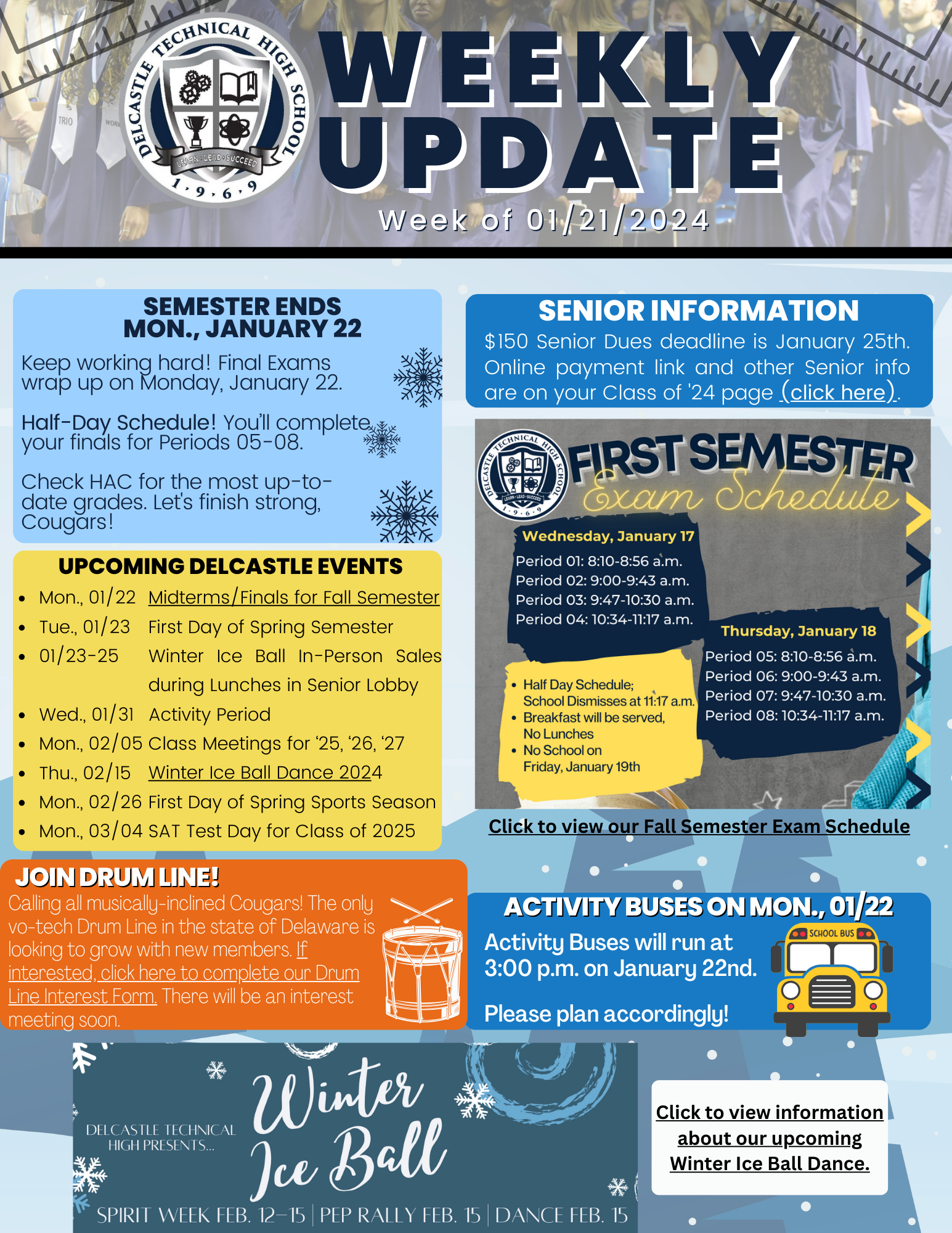 Delcastle Family Weekly Update 21 January senior dues winter ice ball dance SATs